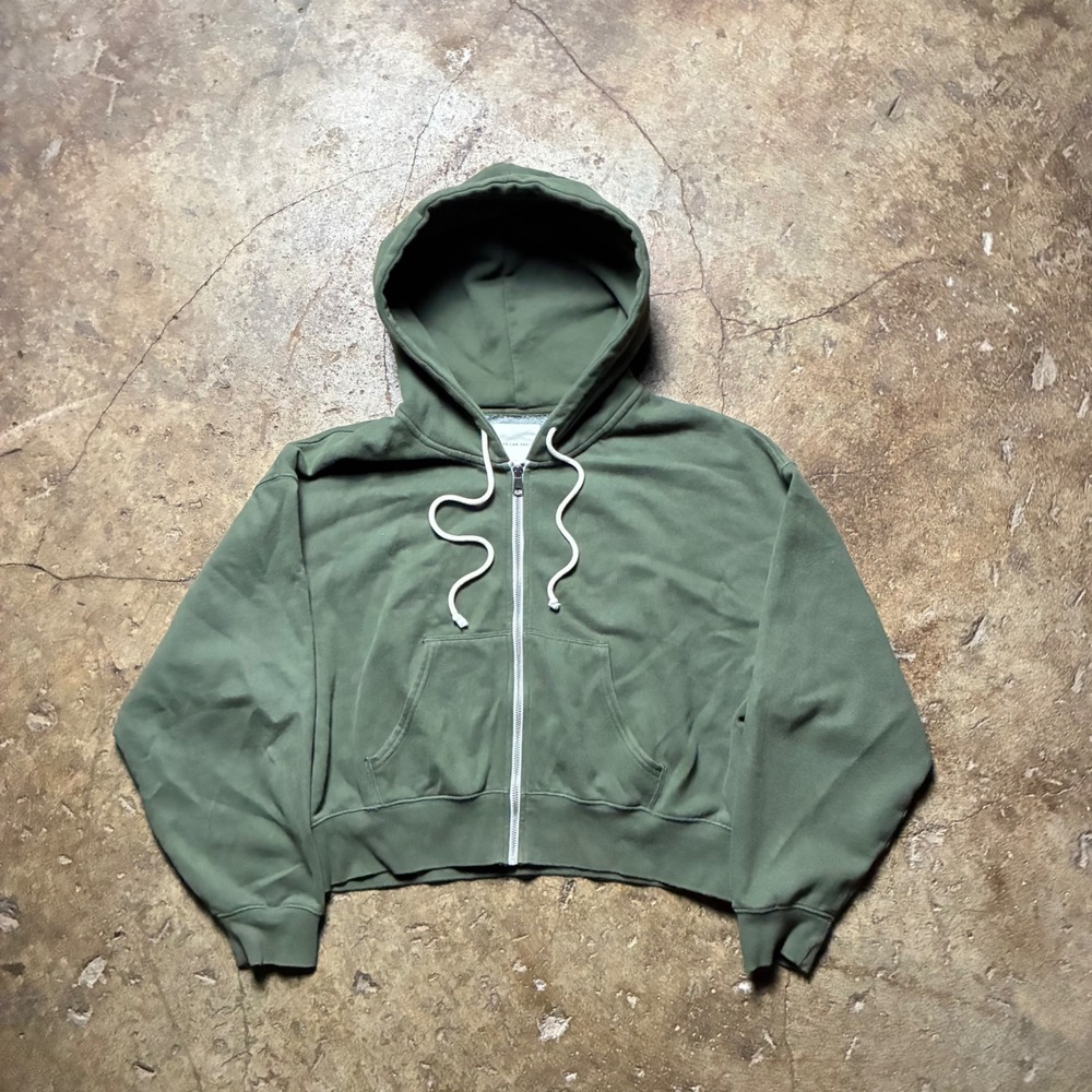 American Eagle Women Olive Green Cropped Zip Up Hoodie Sweatshirt Size S/M
